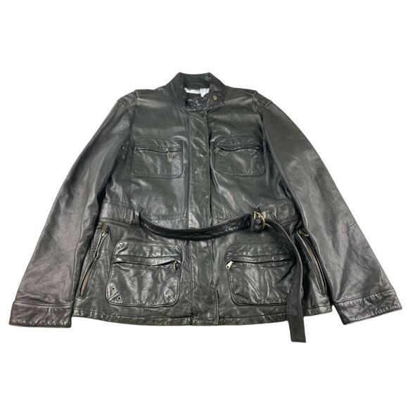 Vintage GAP Leather Jacket Women XL Black Utility Biker Safari Belted Pockets - Picture 1 of 9